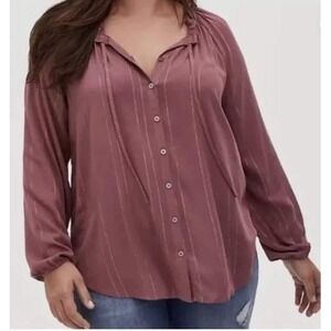 Torrid Crinkle Fabric Top Ruffle Neck Long Sleeve Top Rose Pink Size 14/16